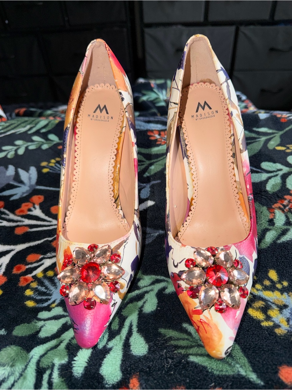 Madison Floral Pointed Toe Gem-Accent Pumps - Pink/Red/Orange